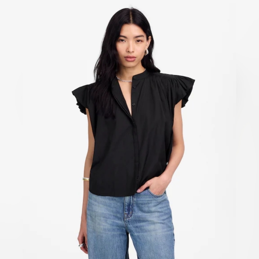 NWT $88 Madewell Poplin Shirred‎ Jet Black Button-Up Shirt Womens Size XS